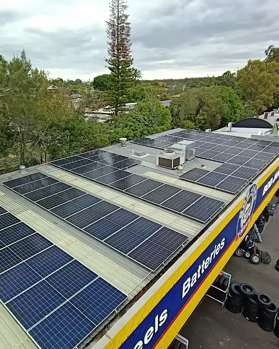 Aerial view of the 39 kW rooftop solar array on Bob Jane T-Mart, Browns Plains