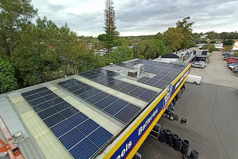 Aerial view of the 39 kW rooftop solar array on Bob Jane T-Mart, Browns Plains