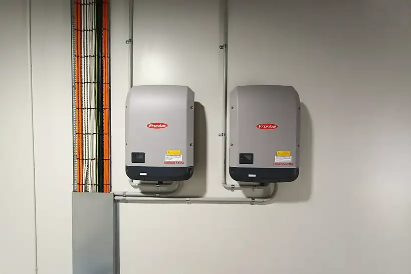 Two Fronius inverters on a clean wall with tidy conduit runs